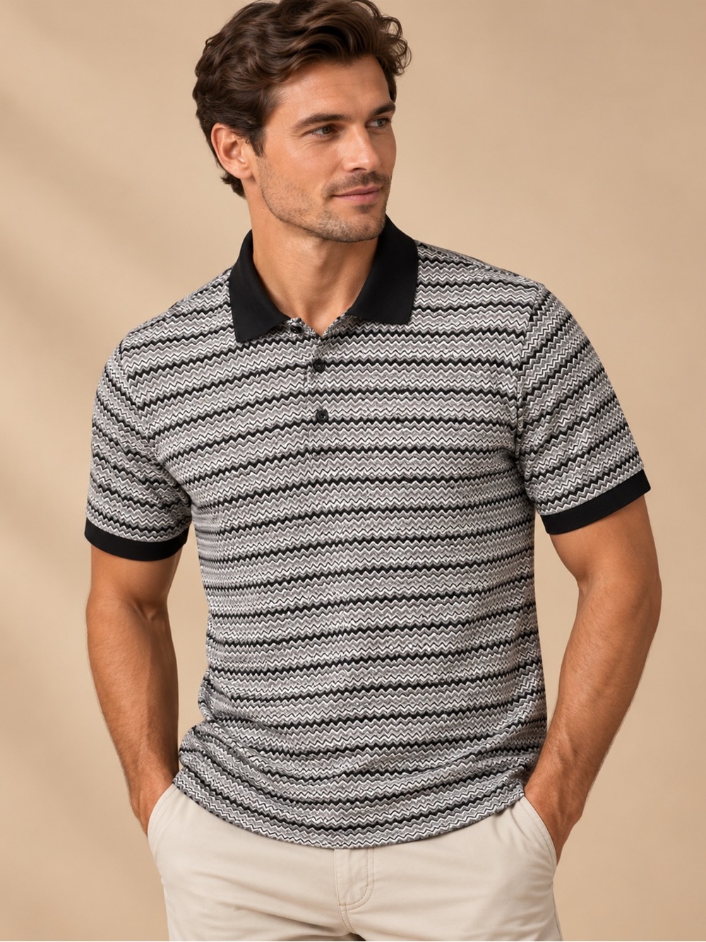 Magaschoni Men Black White Chevron Knit Polo Size Small